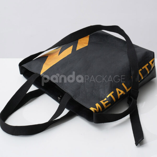 Black Paper Tote with Gold Lightning Graphic