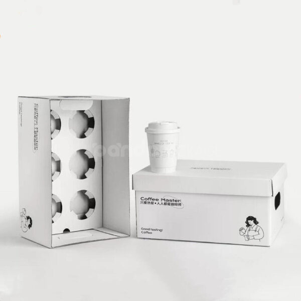 White Kraft Beverage Tray Box with Die-Cut Holes for Coffee Cups