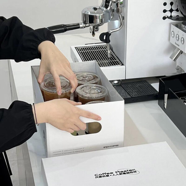 White Kraft Beverage Tray Box with Die-Cut Holes for Coffee Cups