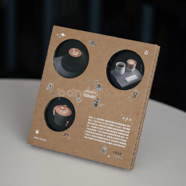Kraft Coffee Tray Box with Die-Cut Display Windows and Illustrated Design