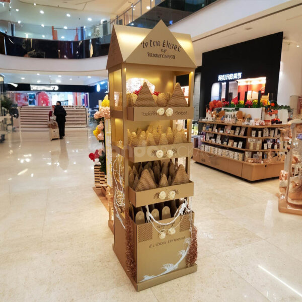 Golden Cardboard Floor Display for Snacks, Fruits, and Promotional Goods