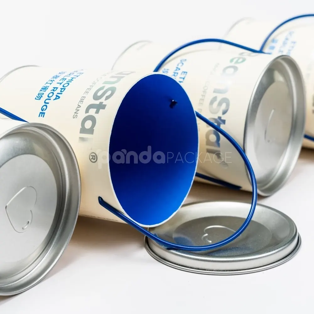 Food-grade round rigid paper tube with metal lid and handle for coffee packaging