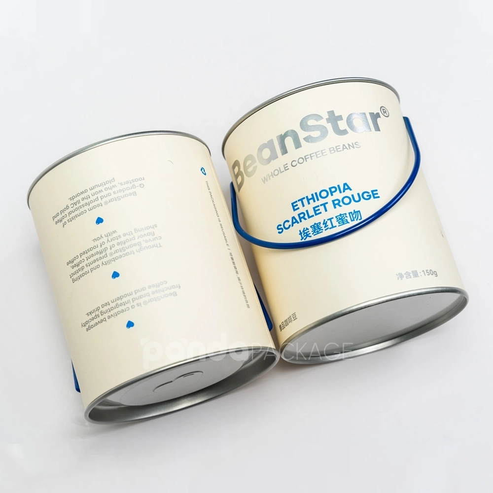 Food-grade round rigid paper tube with metal lid and handle for coffee packaging