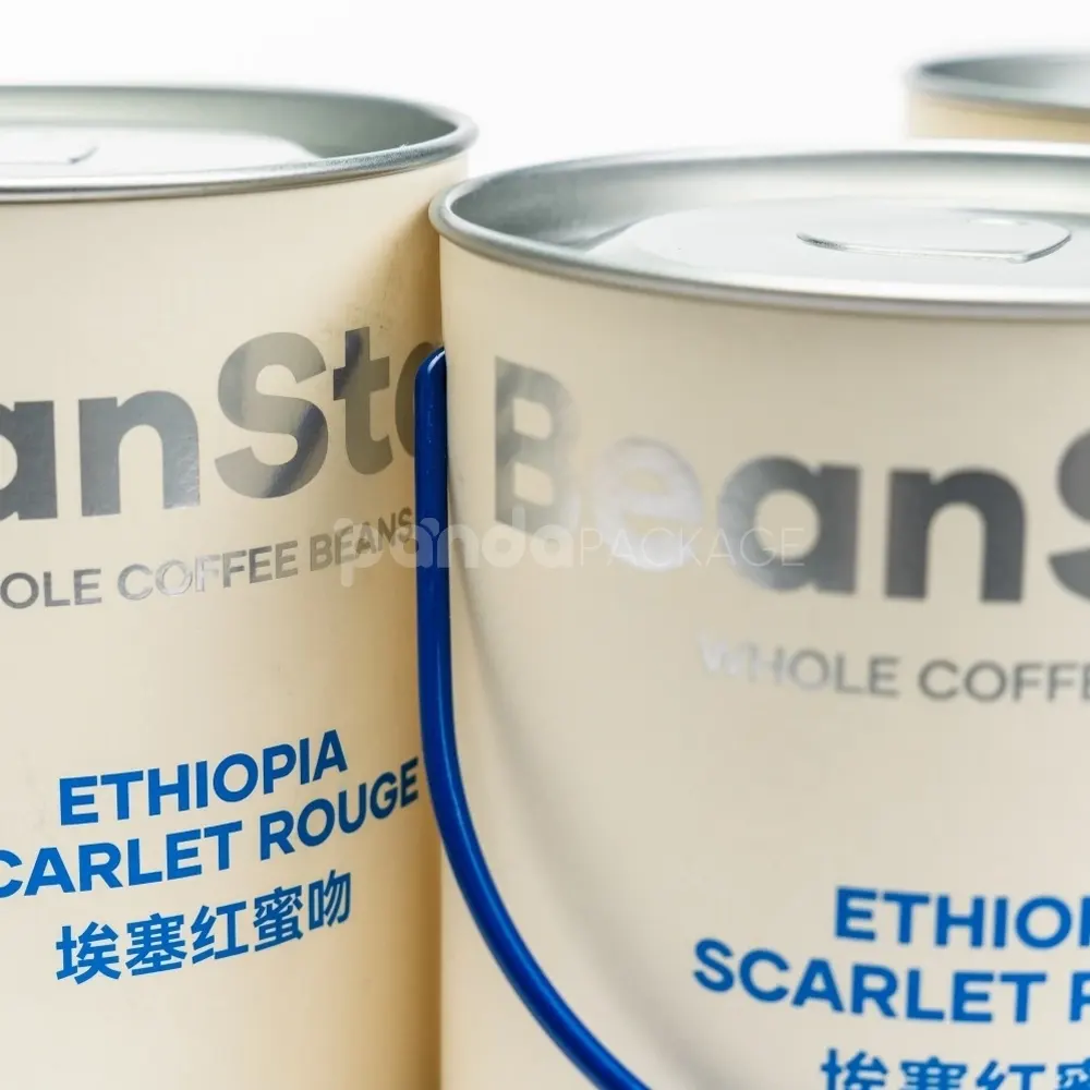 Food-grade round rigid paper tube with metal lid and handle for coffee packaging