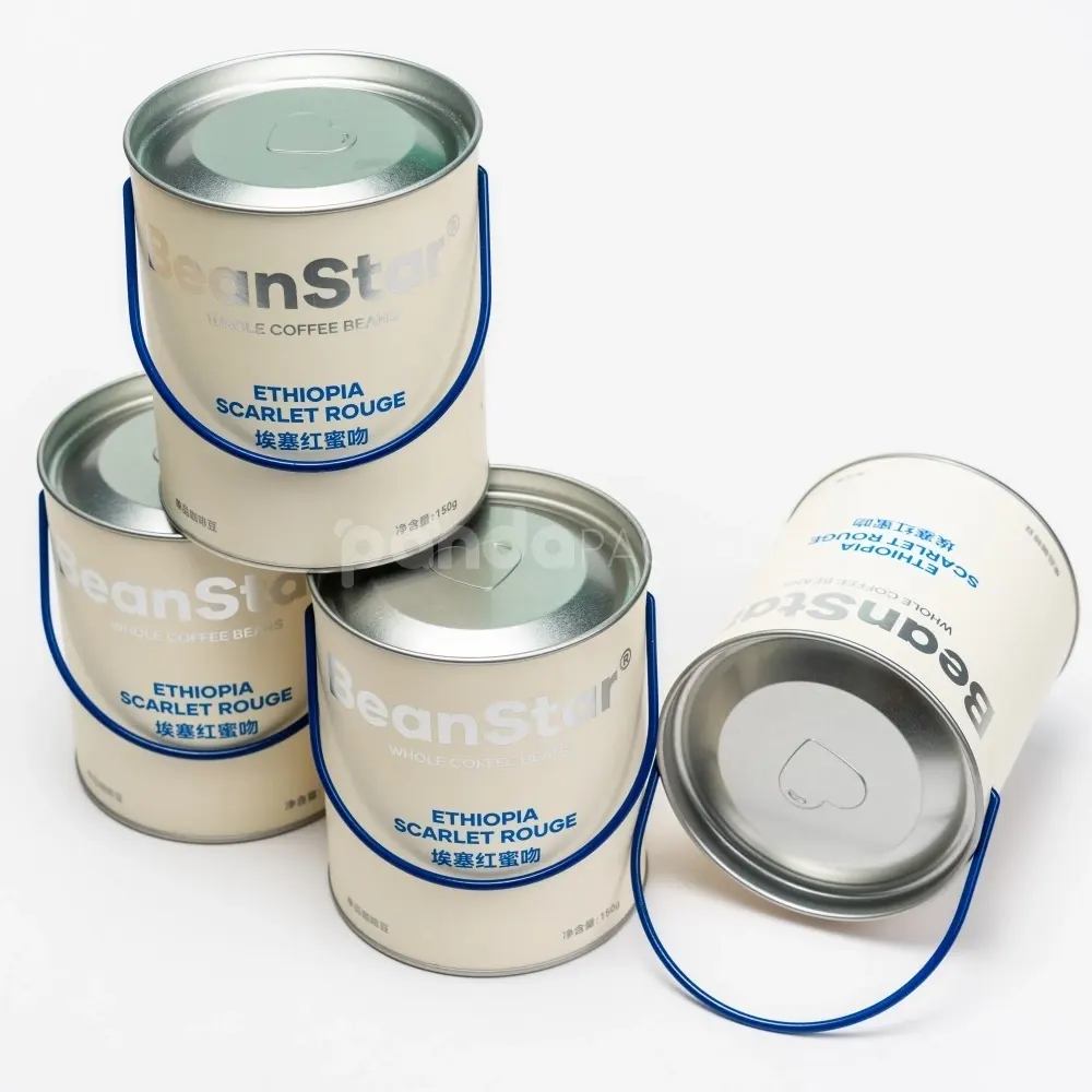 Food-grade round rigid paper tube with metal lid and handle for coffee packaging