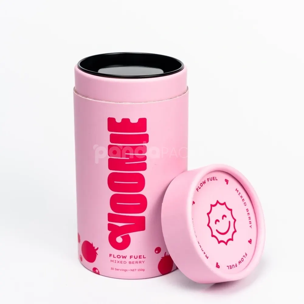 Pastel rigid paper tube with inner plastic lid for powdered product packaging