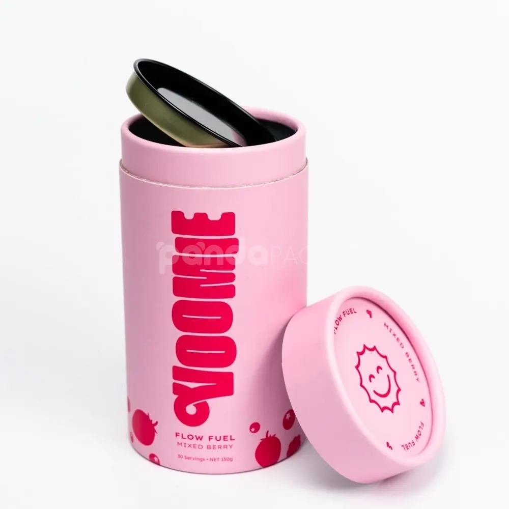 Pastel rigid paper tube with inner plastic lid for powdered product packaging