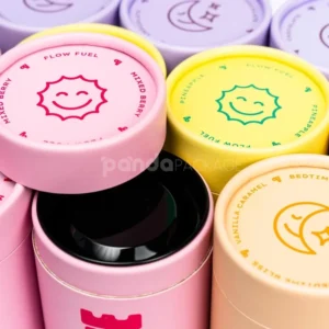 Pastel rigid paper tube with inner plastic lid for powdered product packaging