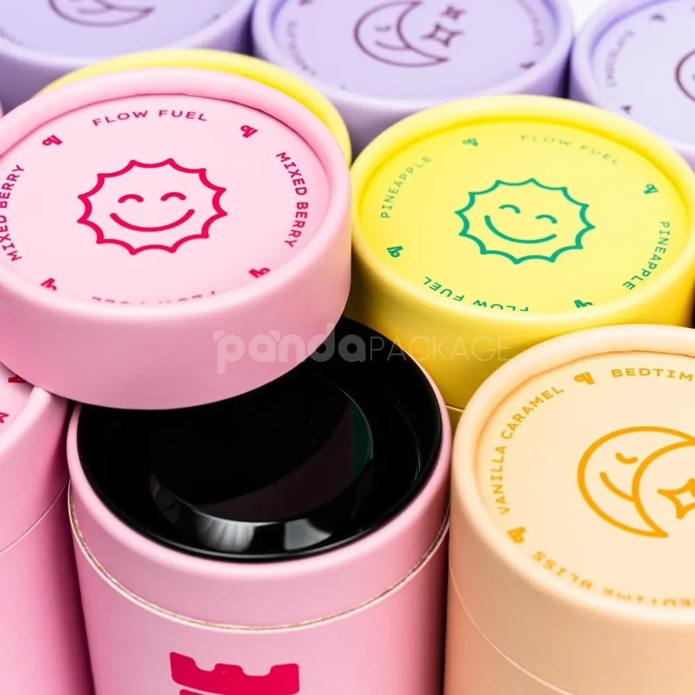 Pastel rigid paper tube with inner plastic lid for powdered product packaging