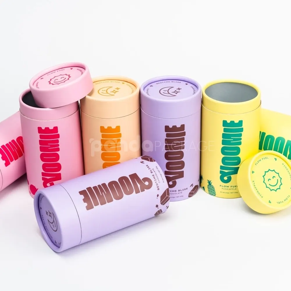 Pastel rigid paper tube with inner plastic lid for powdered product packaging