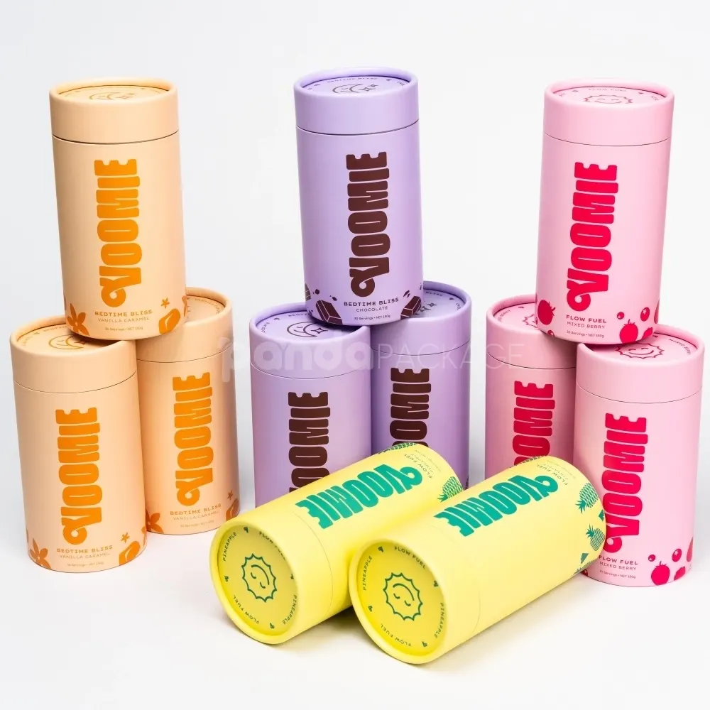 Pastel rigid paper tube with inner plastic lid for powdered product packaging
