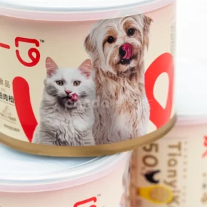 Custom printed pet food tin canister with plastic lid