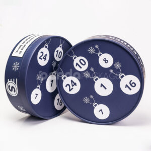 Navy round paperboard gift box with separate lid and base