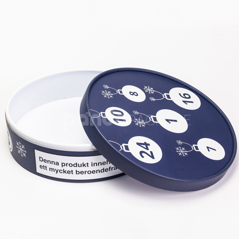 Navy round paperboard gift box with separate lid and base