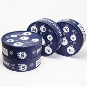 Navy round paperboard gift box with separate lid and base