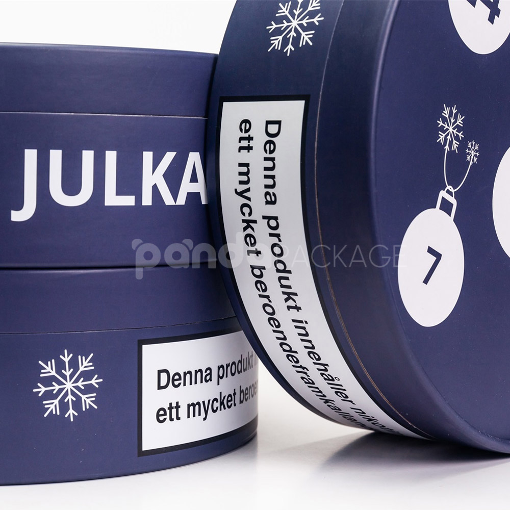 Navy round paperboard gift box with separate lid and base