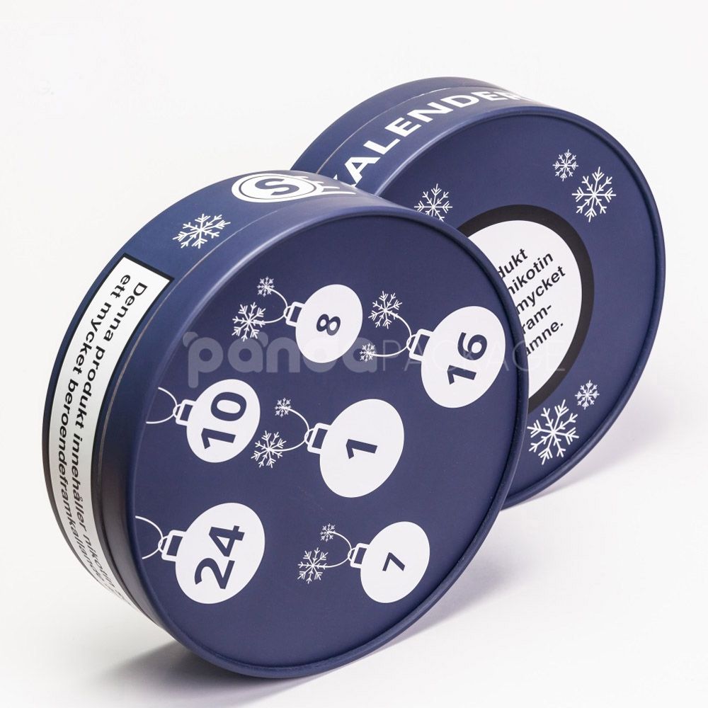 Navy round paperboard gift box with separate lid and base