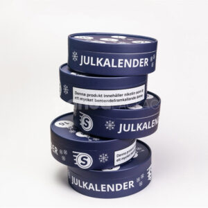Navy round paperboard gift box with separate lid and base