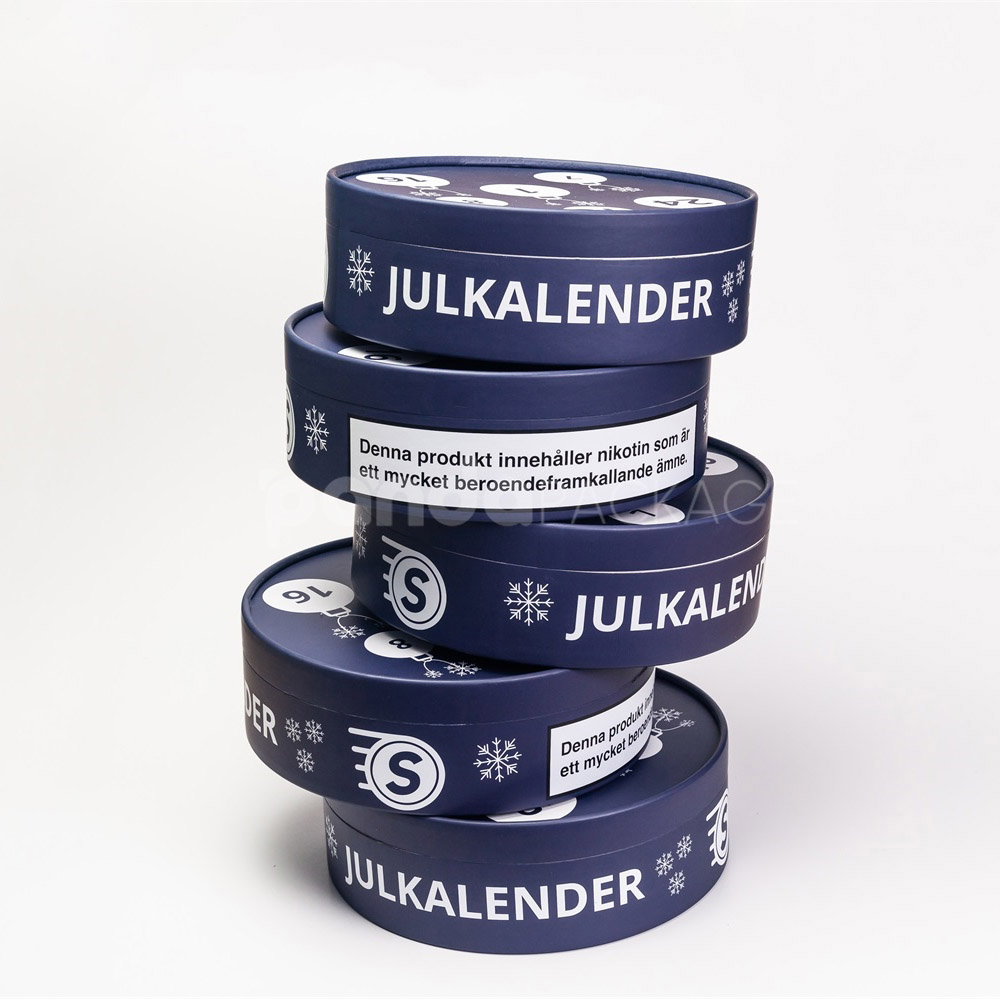 Navy round paperboard gift box with separate lid and base