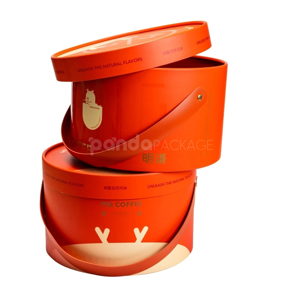 Custom orange round rigid box with lid and handle strap for luxury packaging
