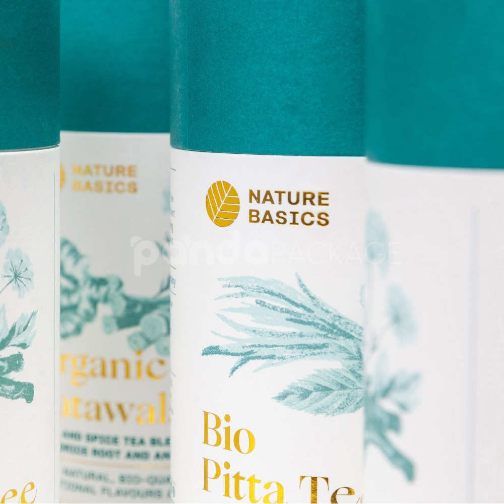Custom teal paperboard tea tube with gold foil stamping