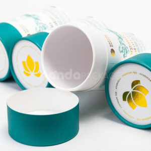 Custom teal paperboard tea tube with gold foil stamping