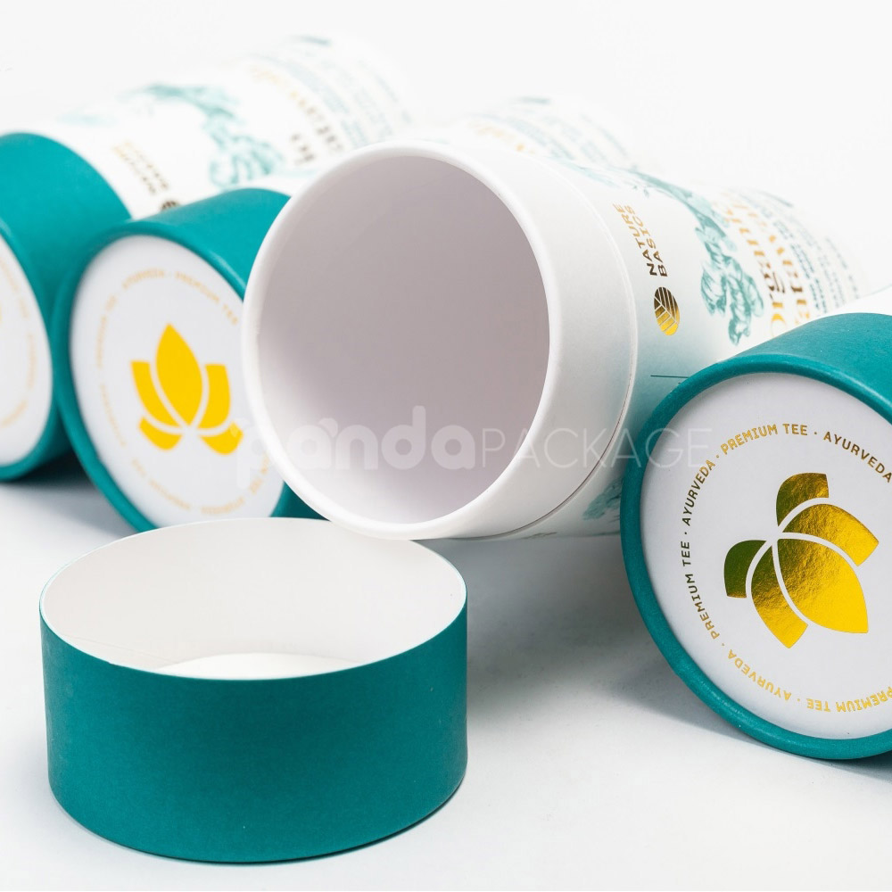 Custom teal paperboard tea tube with gold foil stamping