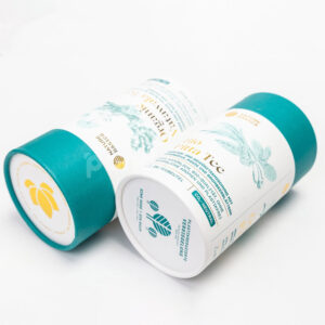 Custom teal paperboard tea tube with gold foil stamping