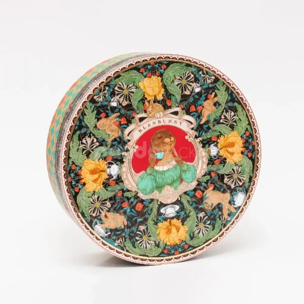 Two-Piece Lid Round Paper Tin with Floral Black & Teal Design