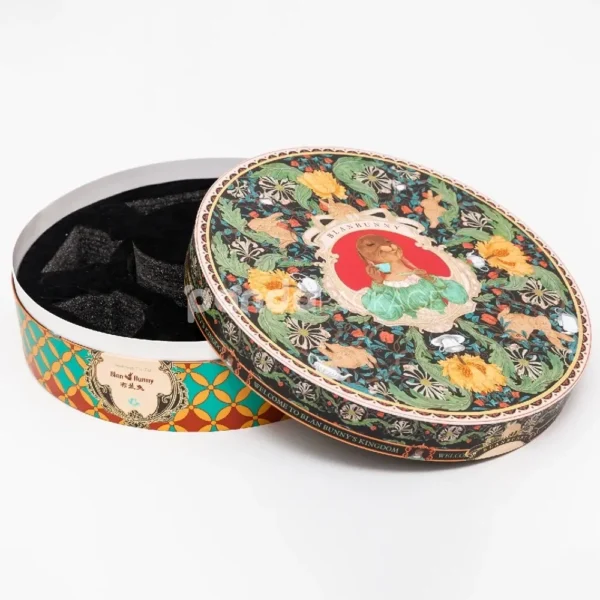 Two-Piece Lid Round Paper Tin with Floral Black & Teal Design