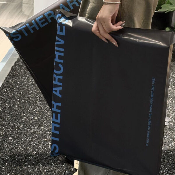 Trendy Black Apparel Mailing Bag with Blue Lettering