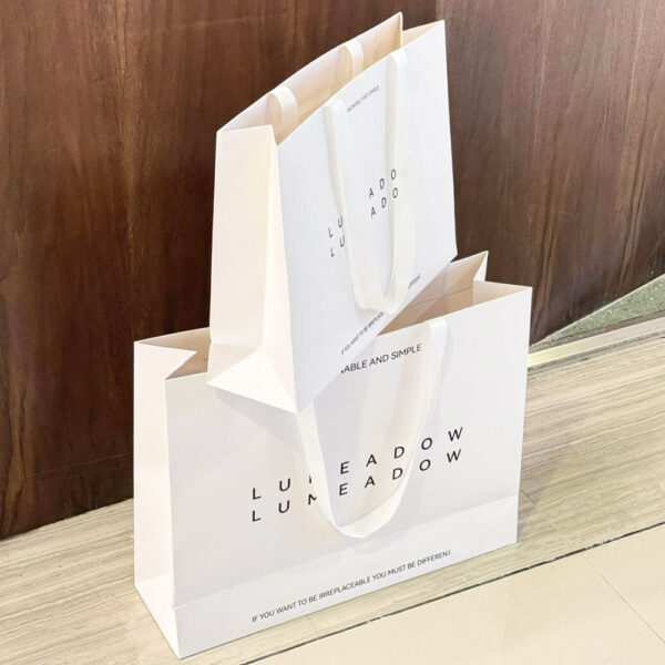 Elegant White Apparel Shopping Bag with Minimalist Logo Design