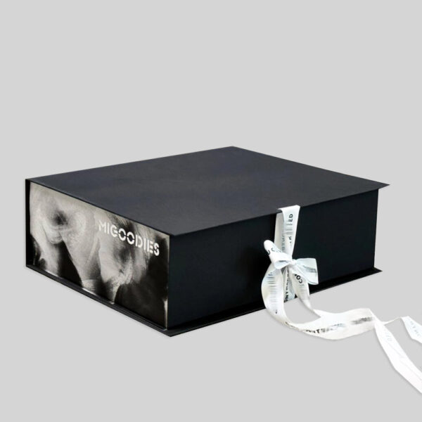 Luxury Black Apparel Gift Box with Ribbon Closure Design