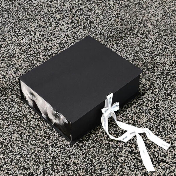 Luxury Black Apparel Gift Box with Ribbon Closure Design