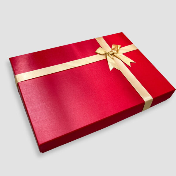Red Apparel Gift Box with Elegant Golden Ribbon Design