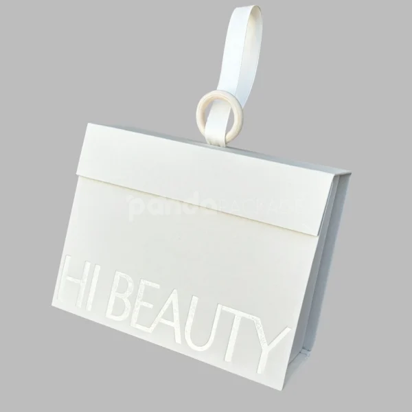 Beige Rigid Gift Box with Ribbon Handle and Lid