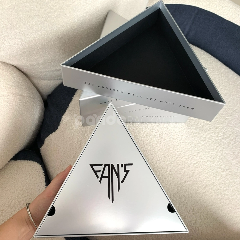 Silver rigid triangle box with metallic finish and lift-off lid