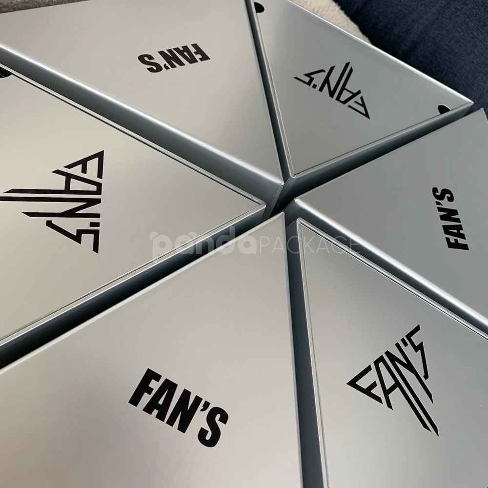 Silver rigid triangle box with metallic finish and lift-off lid