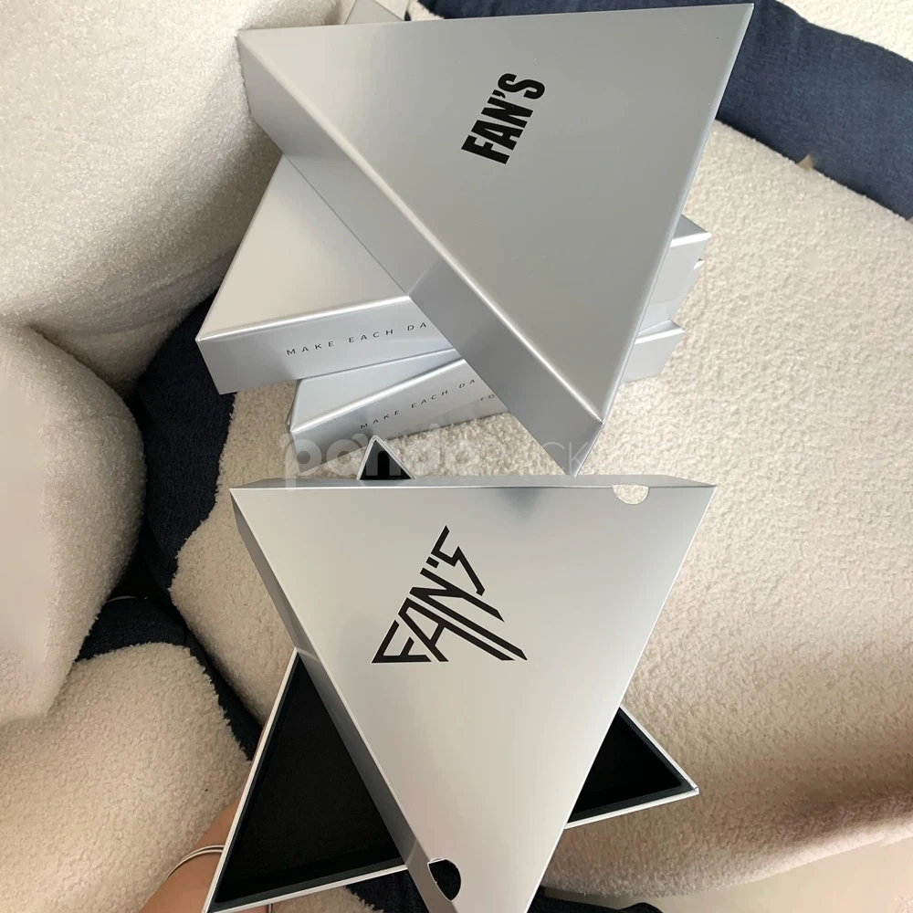Silver rigid triangle box with metallic finish and lift-off lid