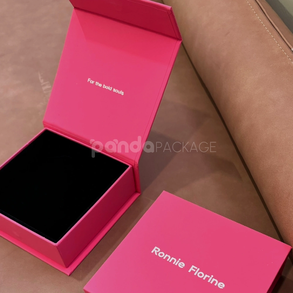 Luxury pink magnetic closure rigid box with silver foil logo