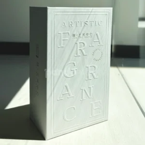 Ivory lift-off lid rigid box with paperboard insert and embossed