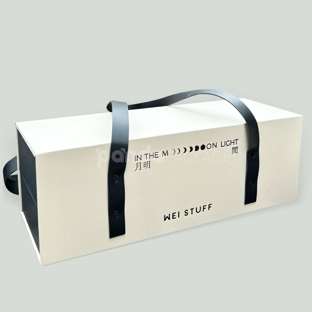 rectangular rigid gift box with leather carry handles