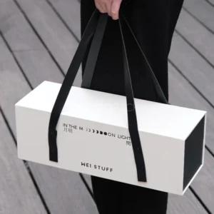 rectangular rigid gift box with leather carry handles