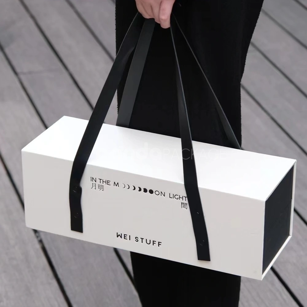 rectangular rigid gift box with leather carry handles