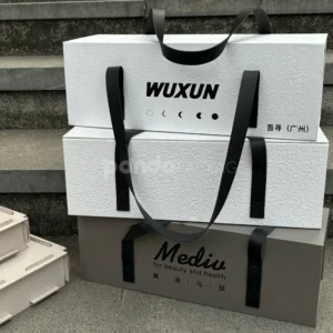 rectangular rigid gift box with leather carry handles