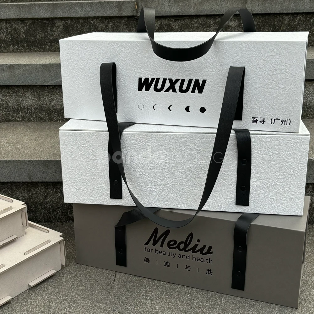 rectangular rigid gift box with leather carry handles