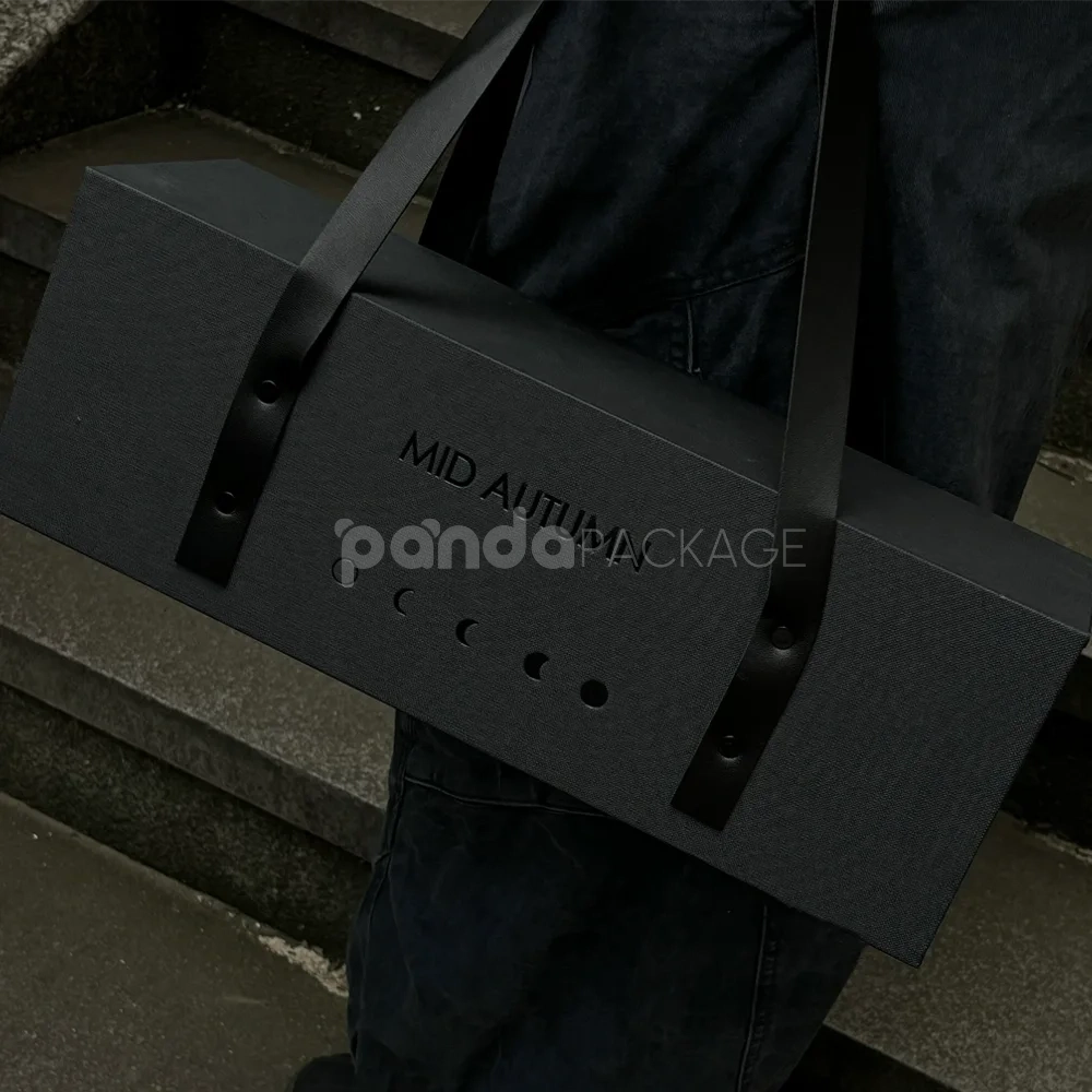 rectangular rigid gift box with leather carry handles
