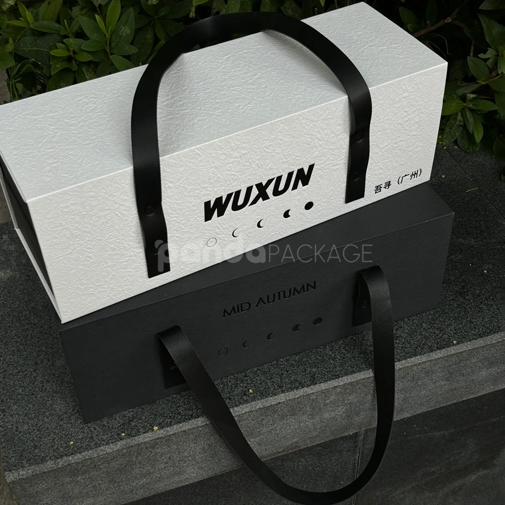 rectangular rigid gift box with leather carry handles