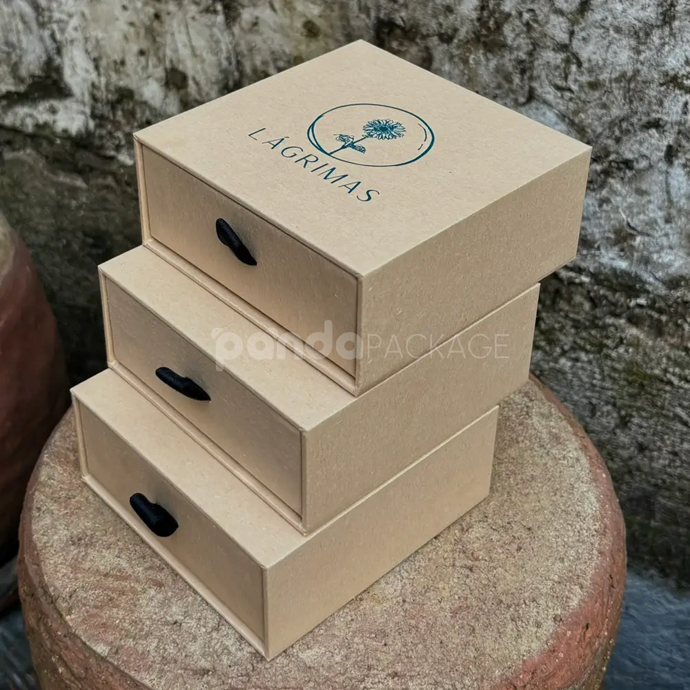 kraft rigid drawer box with ribbon pull and slide design