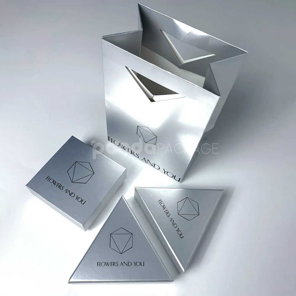 silver geometric rigid gift box set with matching bag